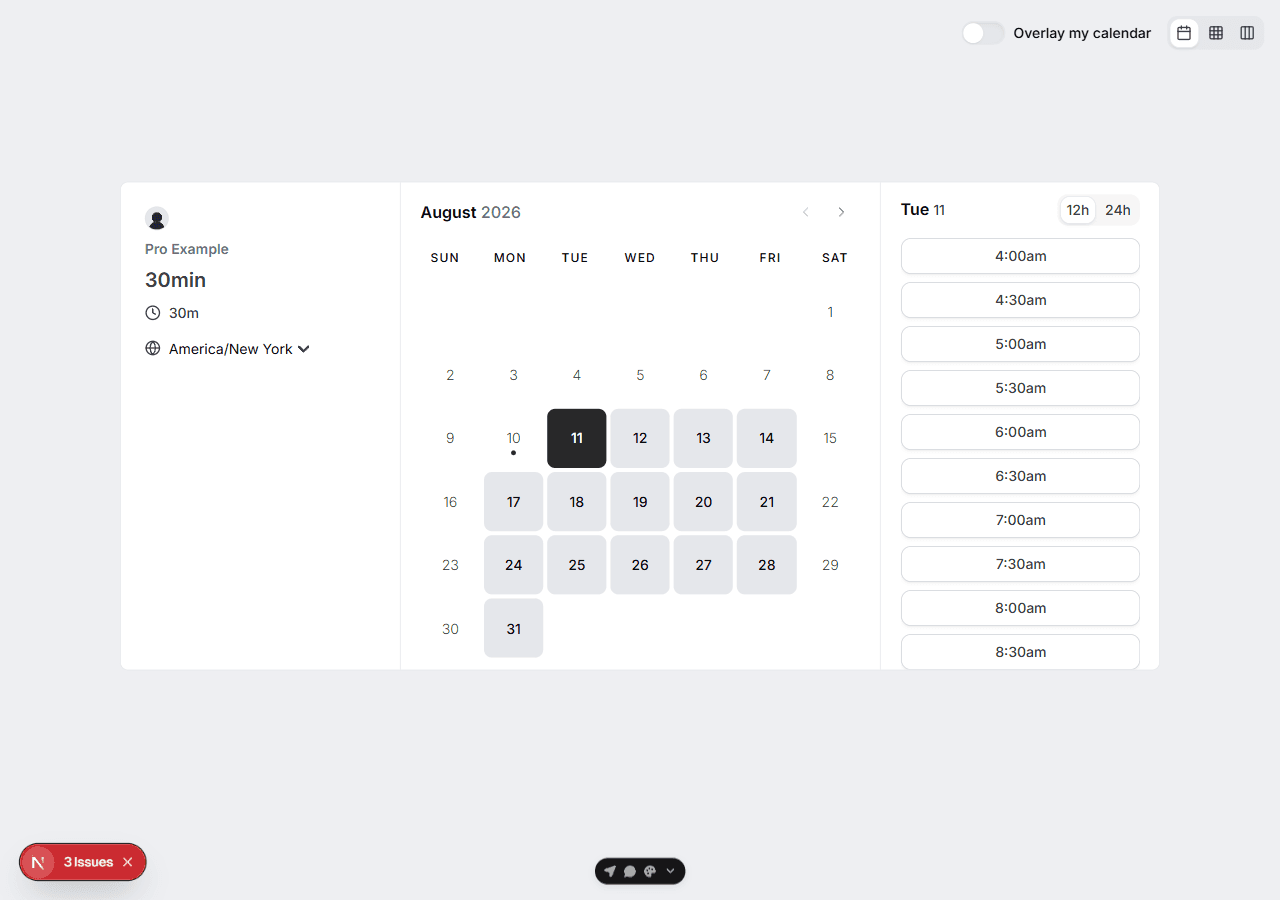 Cal.diy booking page, baseline build, desktop viewport — August 2026 calendar with date 11 selected and a list of morning time slots. Visually unremarkable; the barrier is entirely in the accessibility tree, not on screen.
