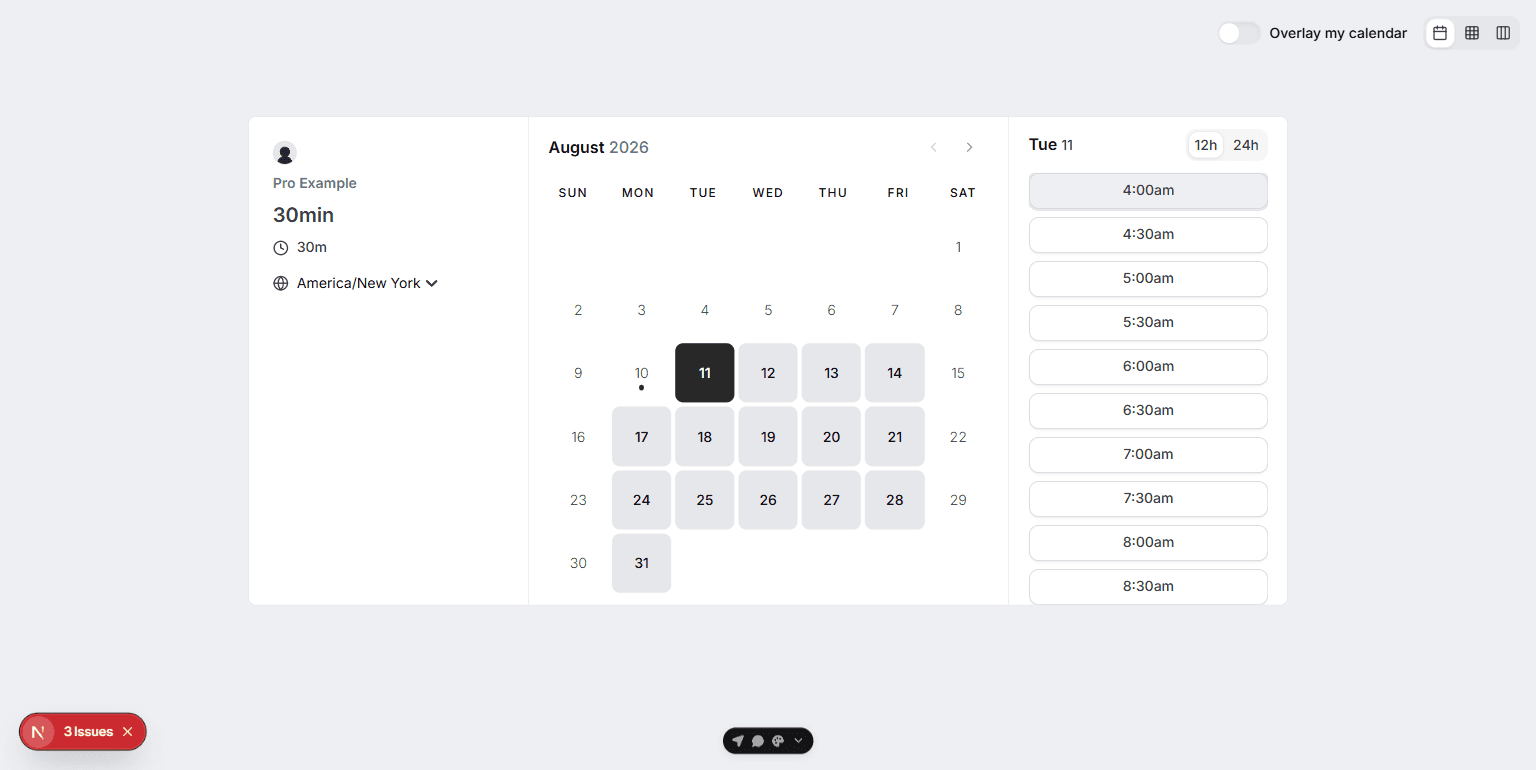 Cal.diy booking page, fixed build, desktop viewport, same calendar and time slots, first slot keyboard-focused — visually identical to the baseline screenshot, confirming the fix is entirely at the accessibility-tree level.