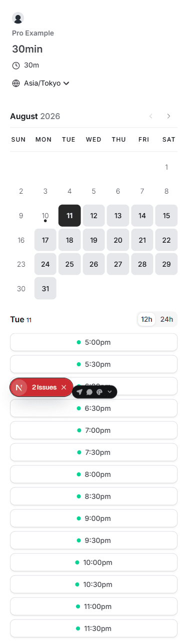 Cal.diy booking page, fixed build, mobile viewport at 375 by 812 pixels — the same calendar and time slot layout adapted to a phone screen, with no horizontal scrolling.